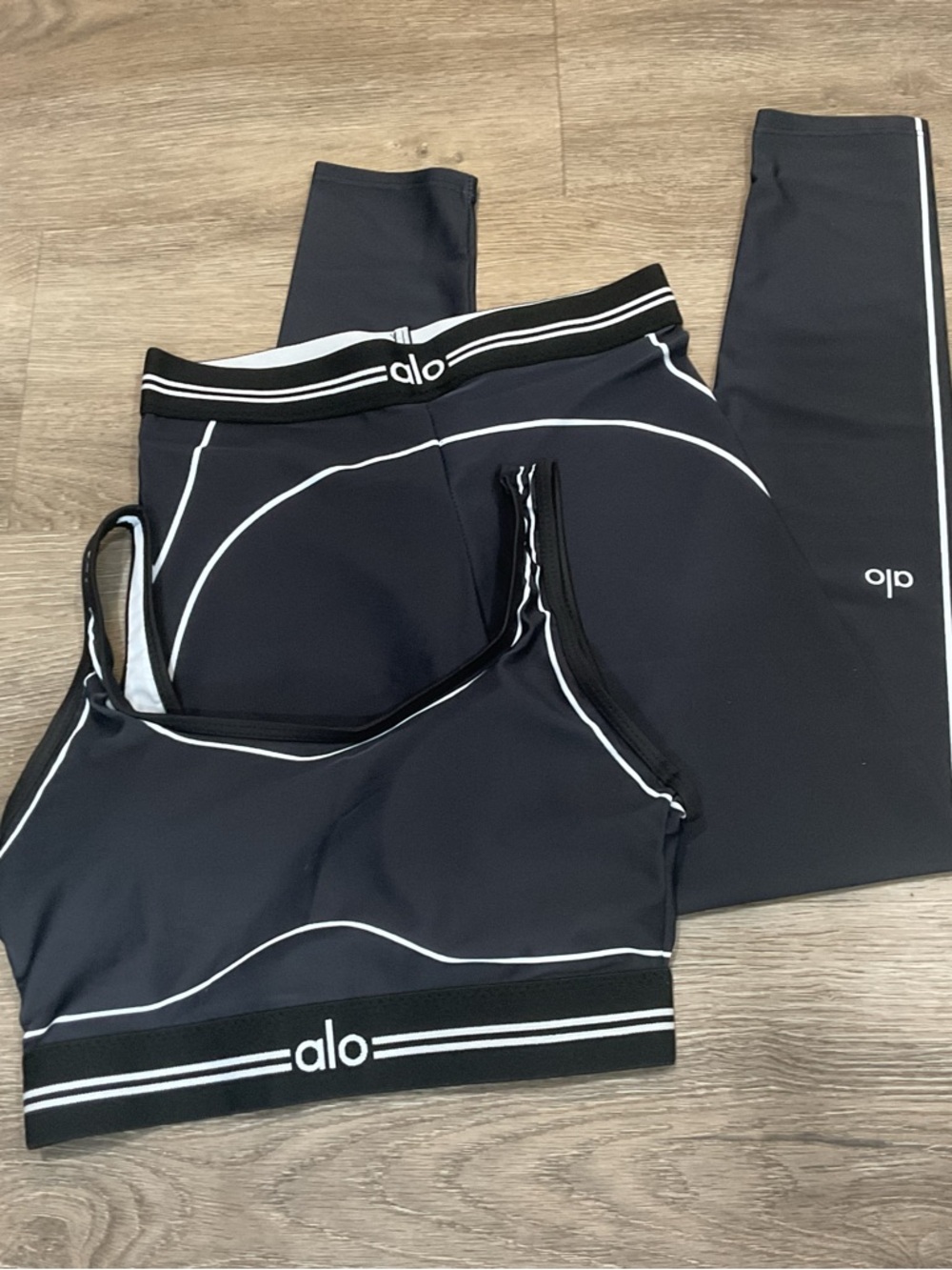 ALO Yoga Kids Black Leggings & Sports Bra Set with White Piping